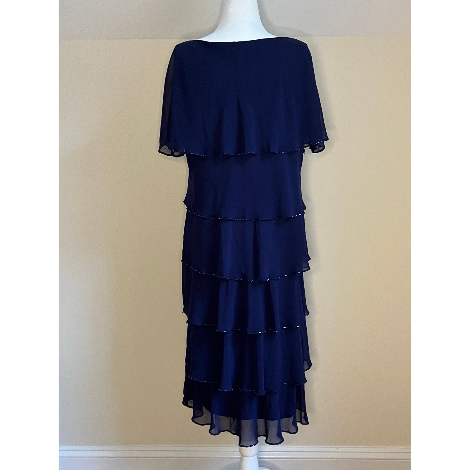 Patra Navy Beaded Chiffon Tiered Ruffle Midi Formal Cocktail Evening Dress 12