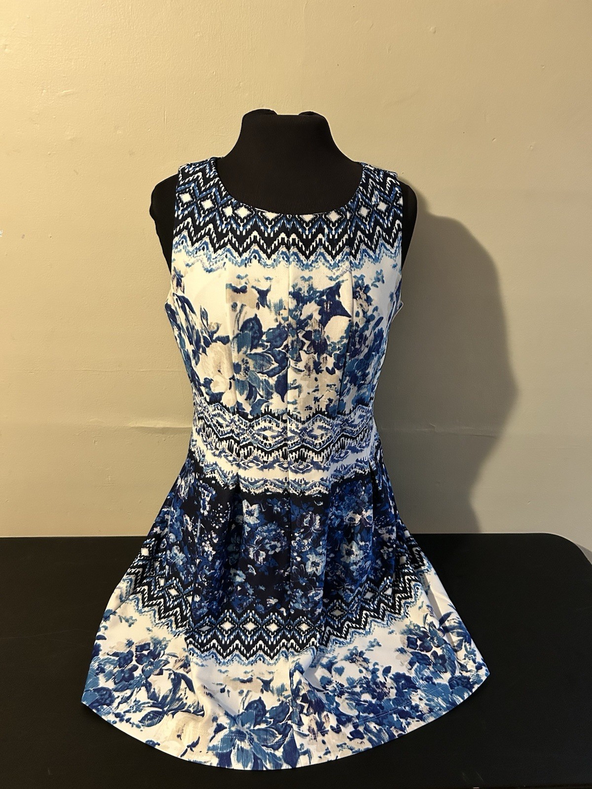 Danny & Nicole Floral Geometric Fit & Flare Sleeveless Womens 14P Blue White