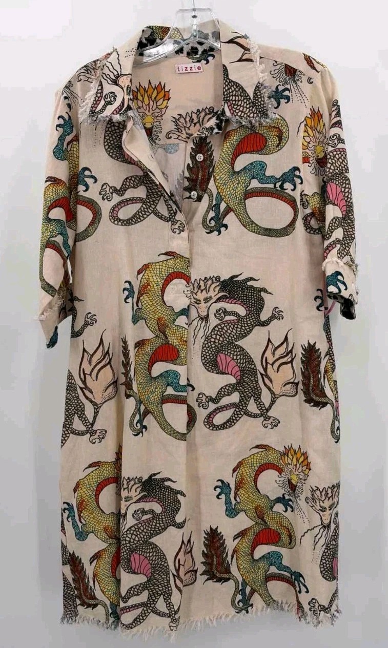 Dizzy-Lizzie Chatham Dragon Print Dress in Cotton/Linen Mini Dress Sz L NWOT