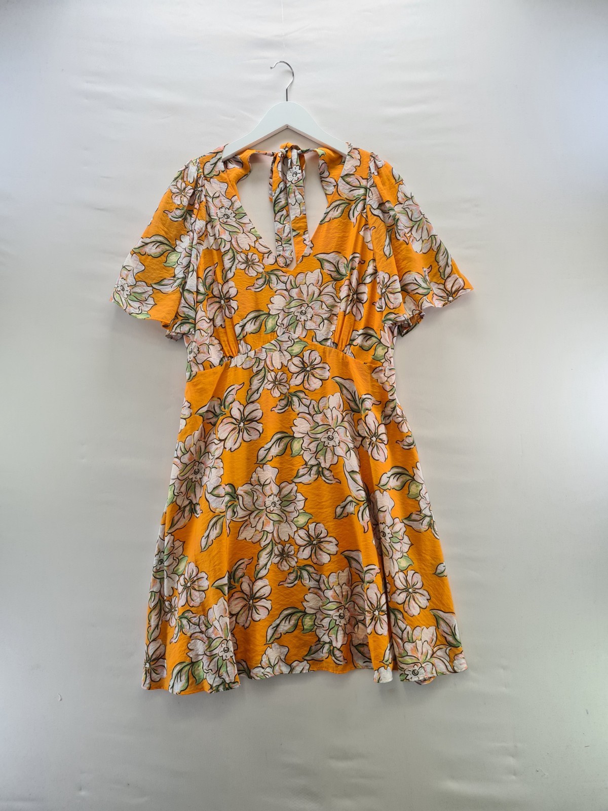 Oliver Bonas Dress Size 12 Yellow Floral Short Flutter Sleeve Short Tie Summer