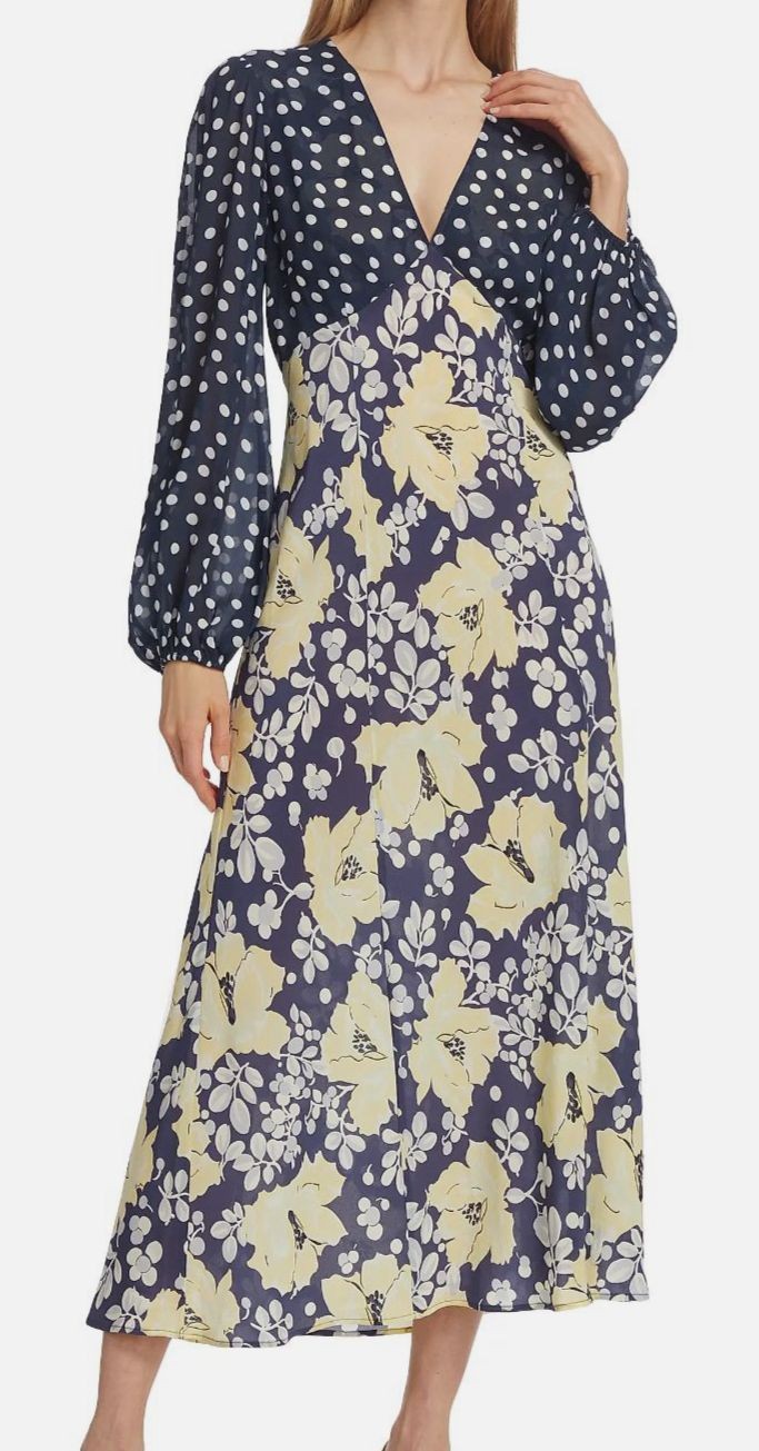 Rixo Women’s Blue V Neck Silk Lightweight Floral Melanie Mixed Print Dress L