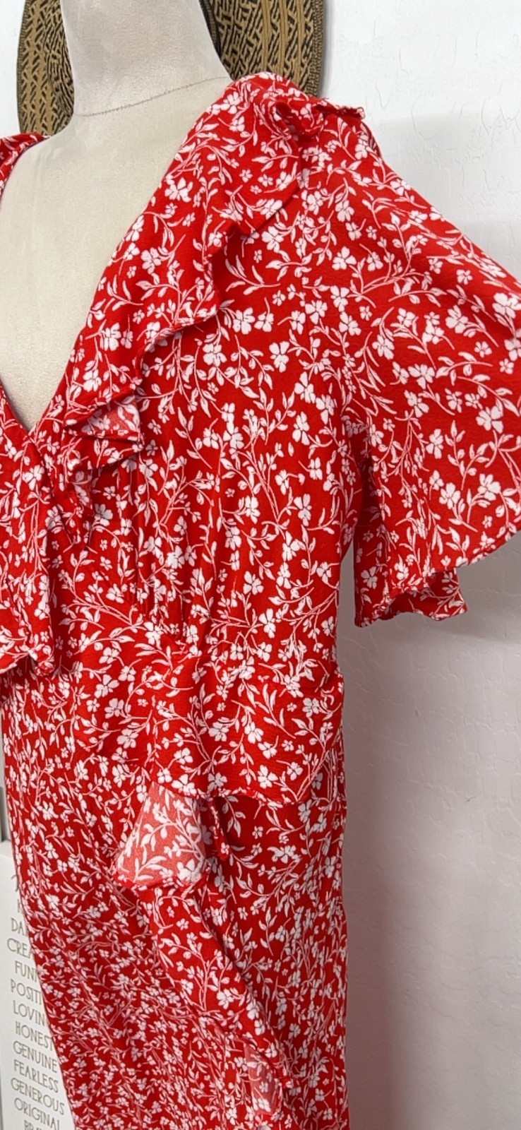 A New Day red garden floral maxi summer sun dress sz XXL – ruffle slit zipper