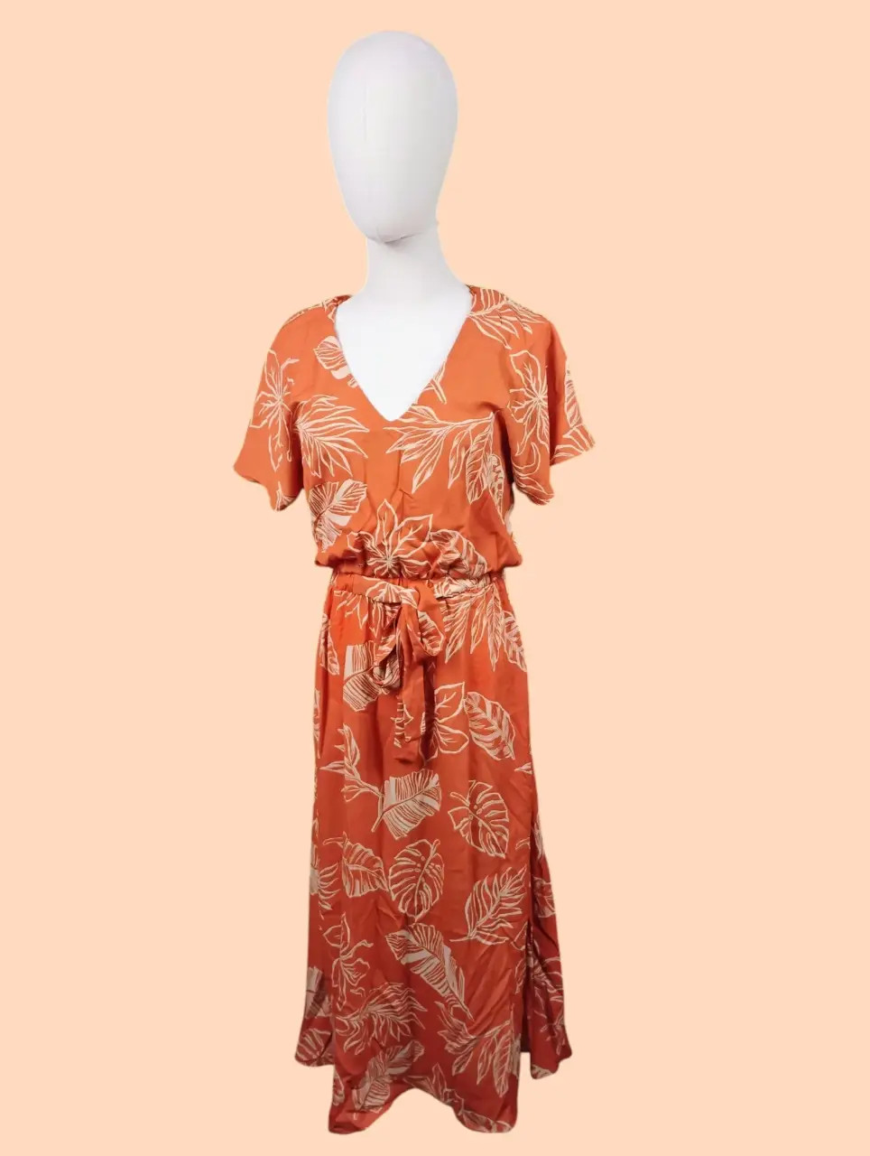 Sienna Sky Women’s Orange Leaf Print V-Neck Short Sleeve Midi Dress M
