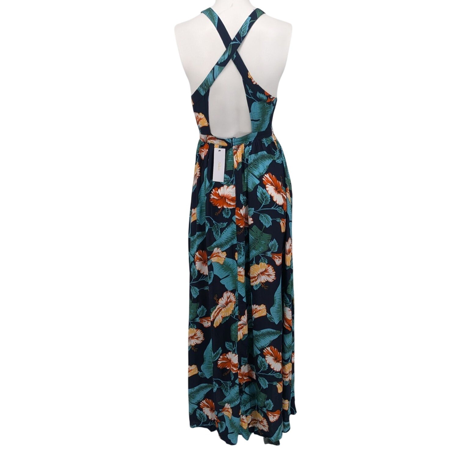 Floral Halter Maxi Dress Romantic Tropical Coastal Resort Open Back Boho Size XS