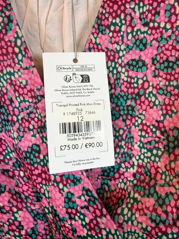 Oliver Bonas Tranquil Print Pink Mini Tiered Dress UK 12 BNWT
