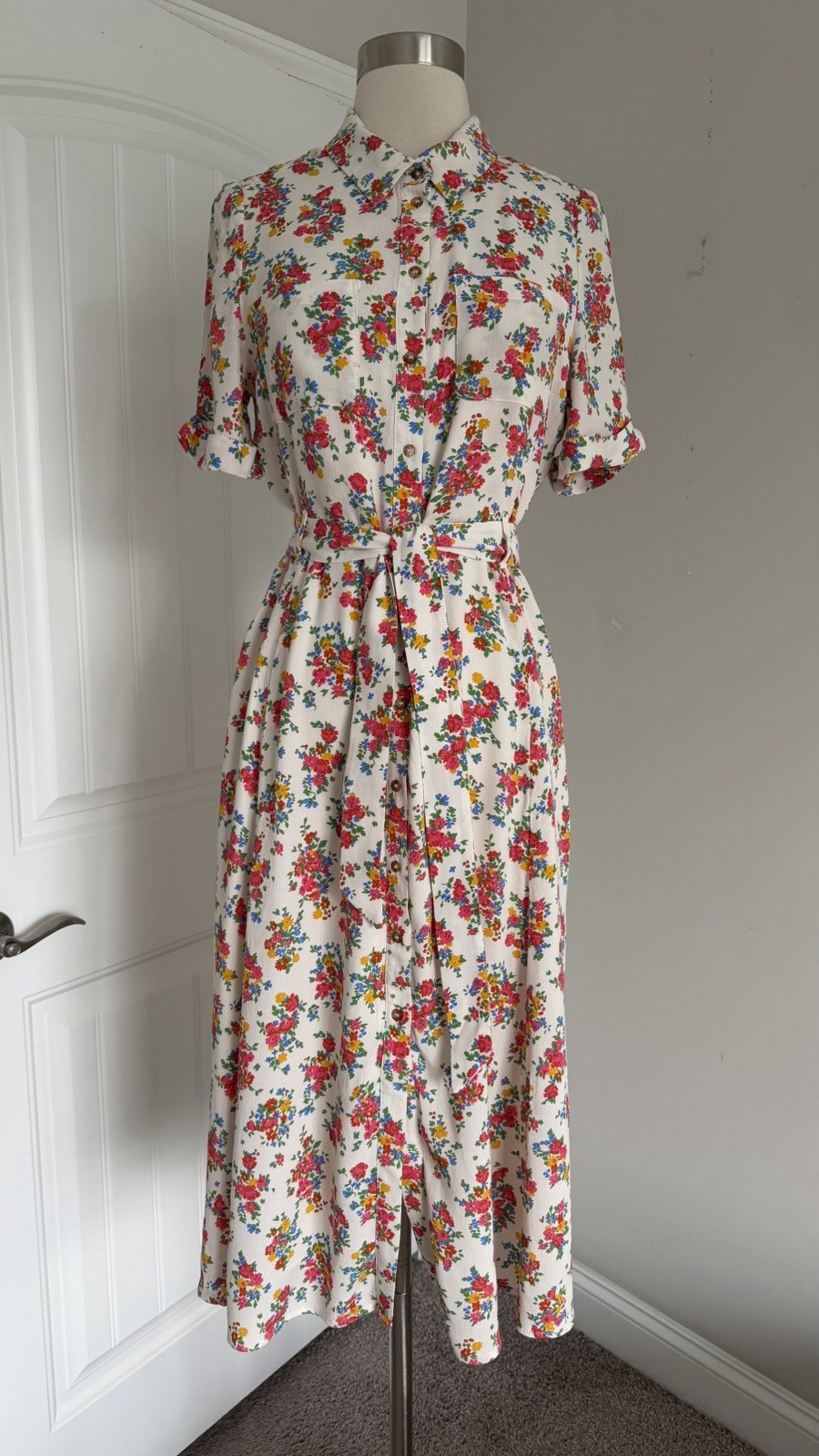 SEZANE PARIS FLORAL BELTED BUTTON DOWN SHORT SLEEVE MIDI SHIRT DRESS SIZE 38/6