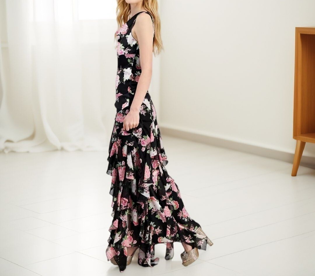 City Studios Womens Juniors Pull On Ruffled Floral Maxi Dress Black Pink NWT