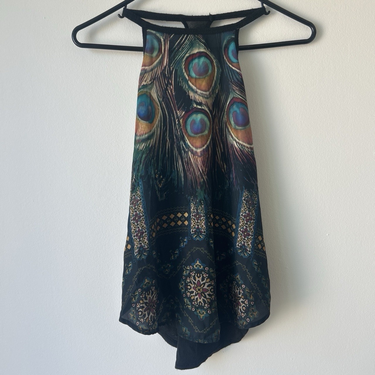 Hollister xs Peacock feather print mini dress with gold and teal