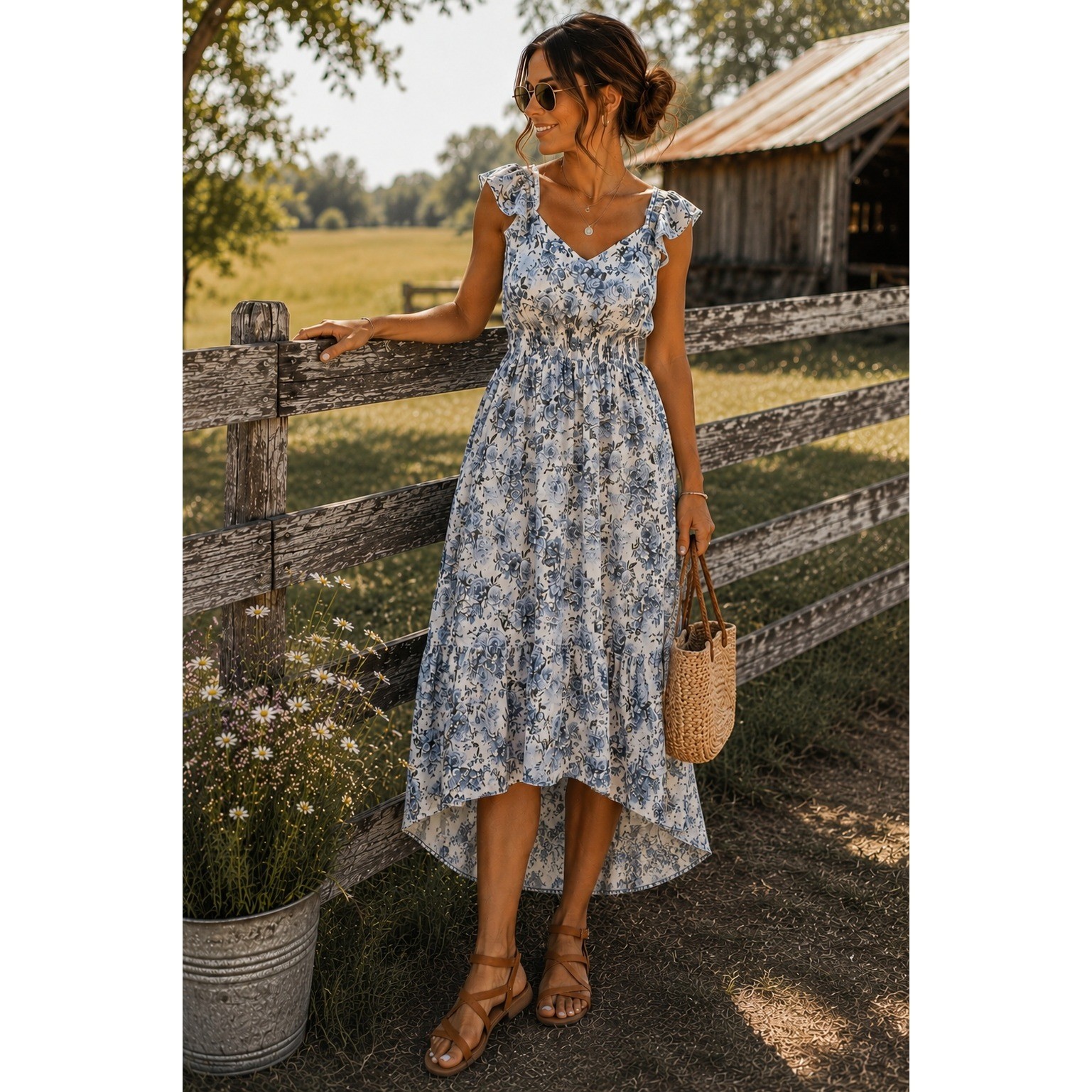 No Boundaries Blue Floral High-Low Dress Ruffle Sleeve Smocked Waist Medium 7-9
