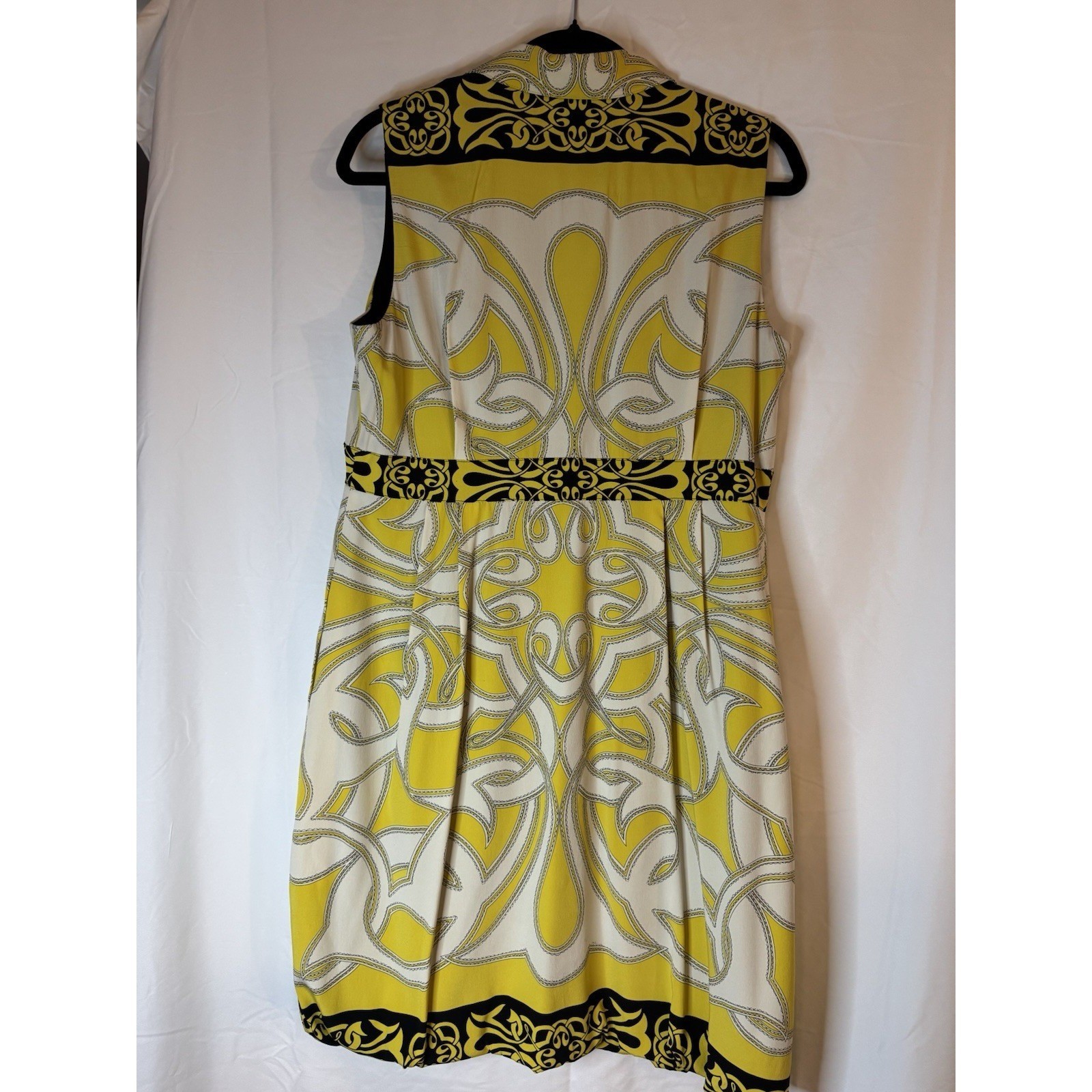 Nicole Miller Collection Yellow Silk Blend Geometric Print Button Front Dress L