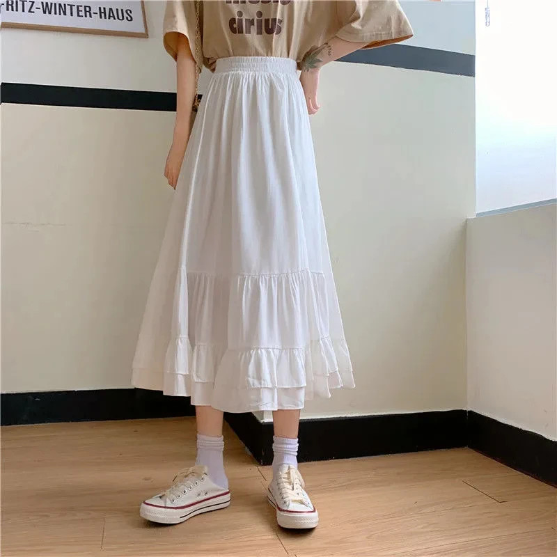 2025 Summer New Two-Tier Ruffle Cake Skirt Fairycore High Waist Women’s Midi Sk