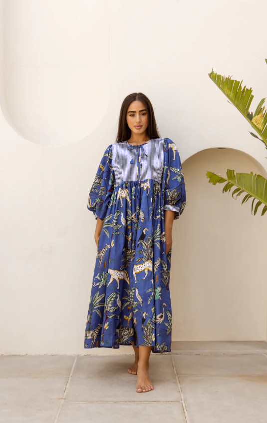 Women’s Blue Cotton Printed Boho Smock Dress Puff Sleeve Loose Summer Midi Dress