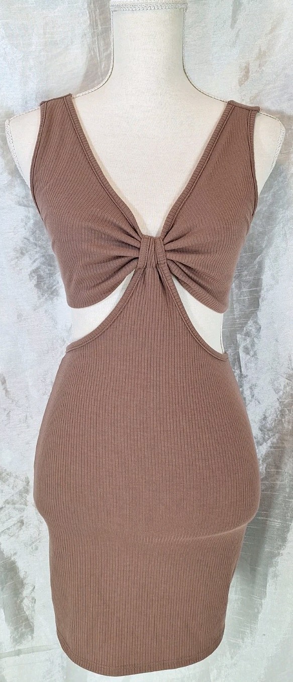CHOCOLATE USA SzM Plunging Neck Twist Cut-out Ribknit Bodycon Mini Dress Mocha