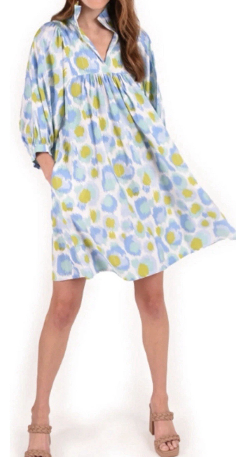 Emily McCarthy Stella XS Dress Ruffle Collar Cheetah Ikat Print Puff Sleeve EUC