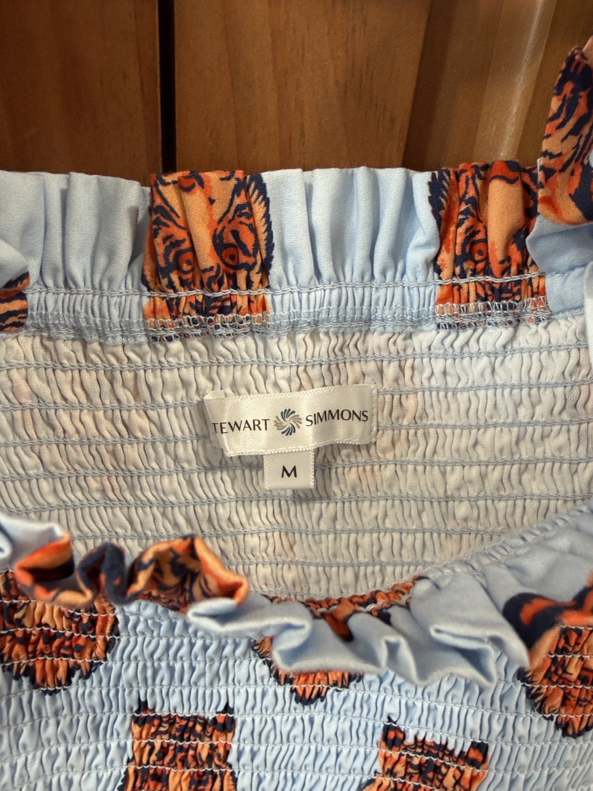 Stewart Simmons Tiger Print Smocked Ruffle Sundress Light Blue Orange Size M