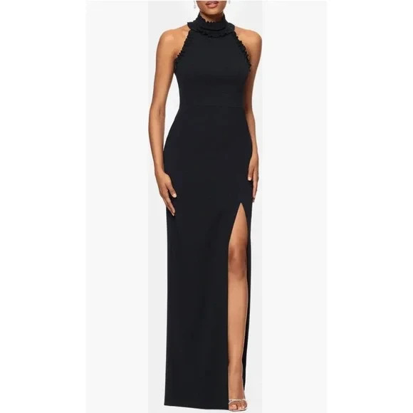 Xscape Black Halter Neck Ruffle Crepe Open Back Gown Size 8 $235
