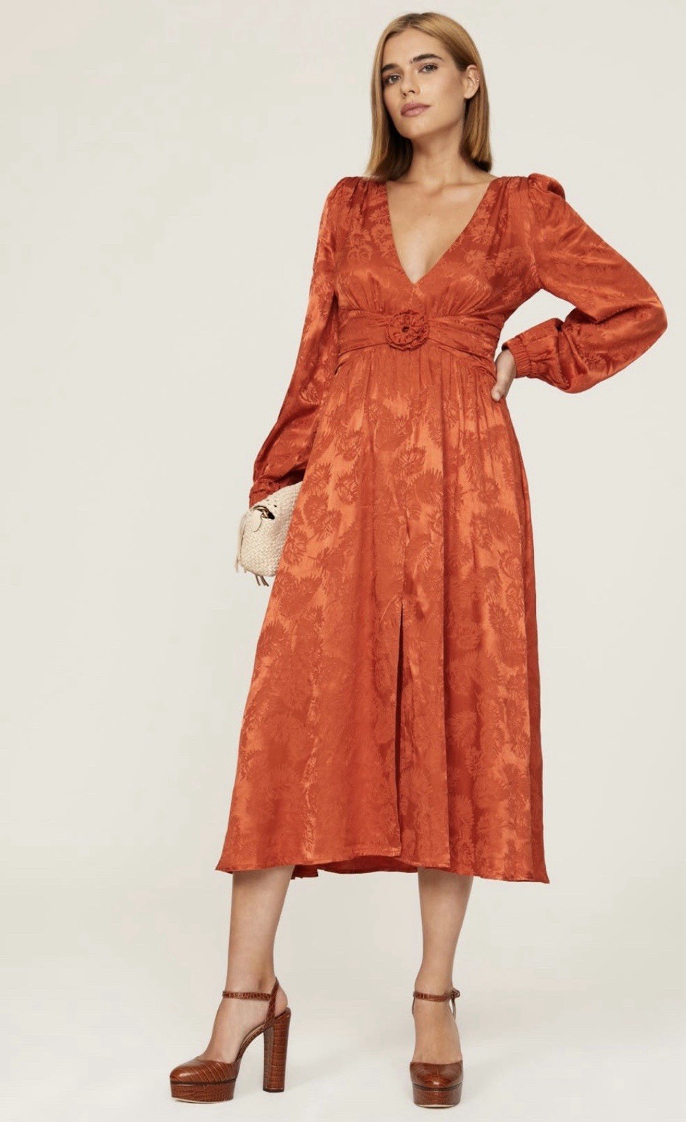 $395 Love, Whit by Whitney Port Orange Jacquard Midi Dress SZ M (US 6-8)