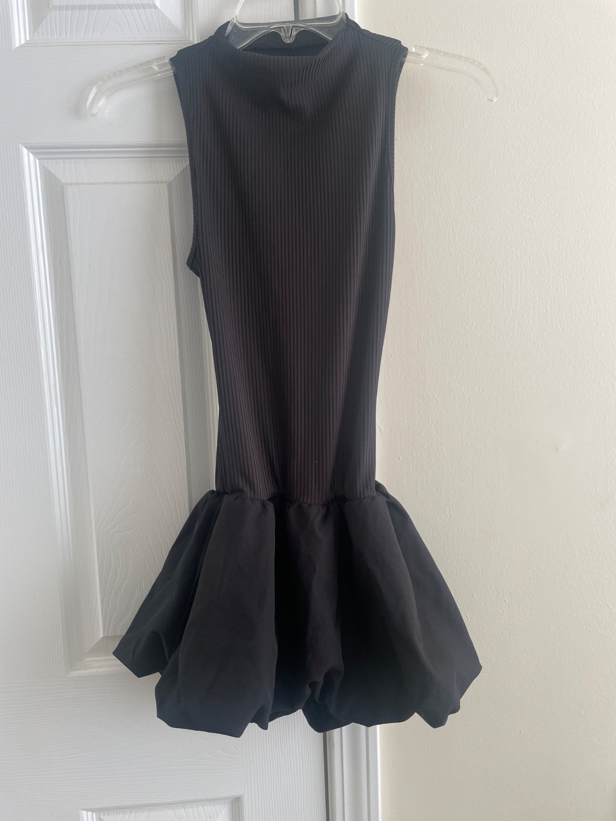 Black Ribbed Mock Neck Drop Waist Bubble Hem Mini Dress