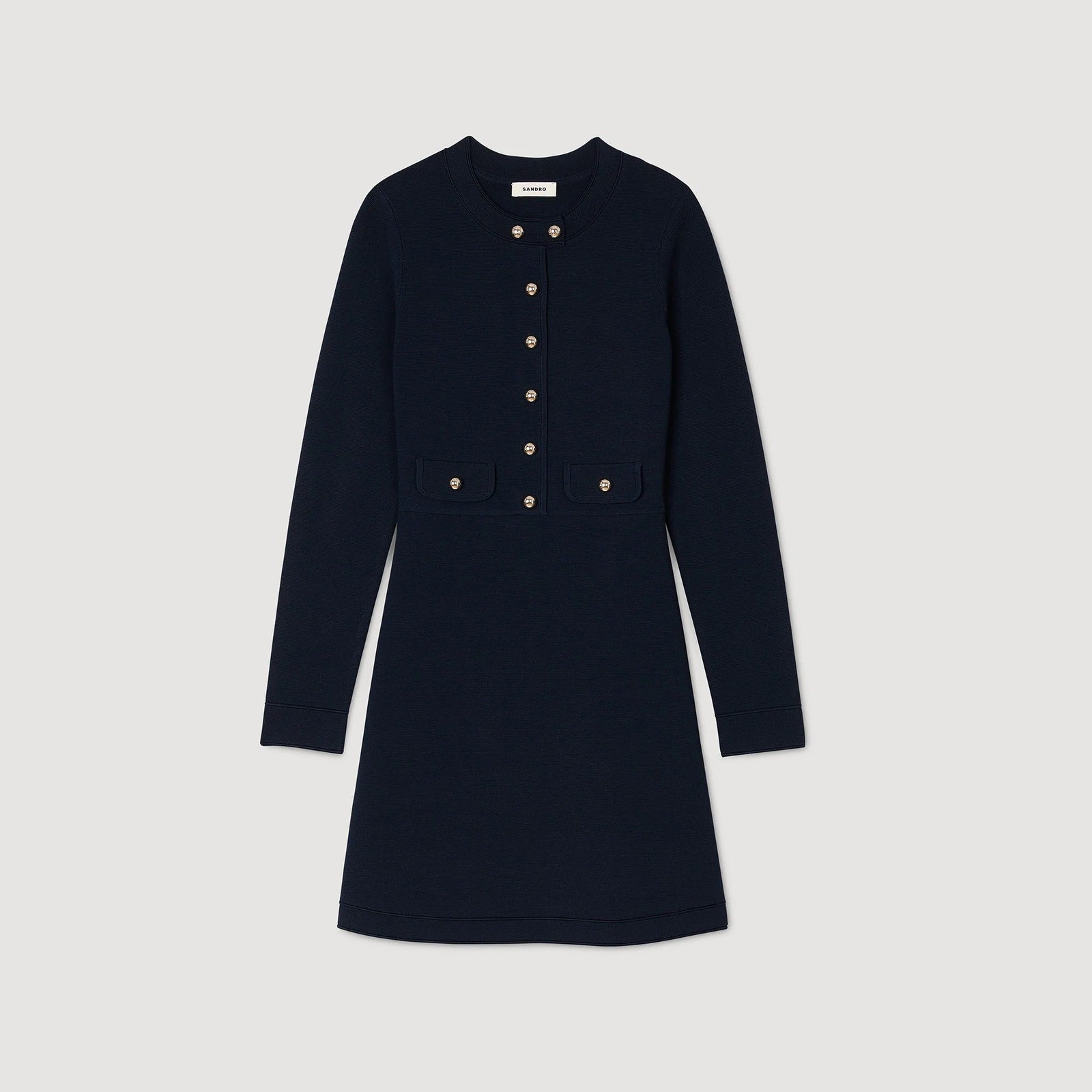 Sandro Knit Dress Gold Button Mini Navy Fr 38 / US 6 Blue Long Sleeve MSRP $425