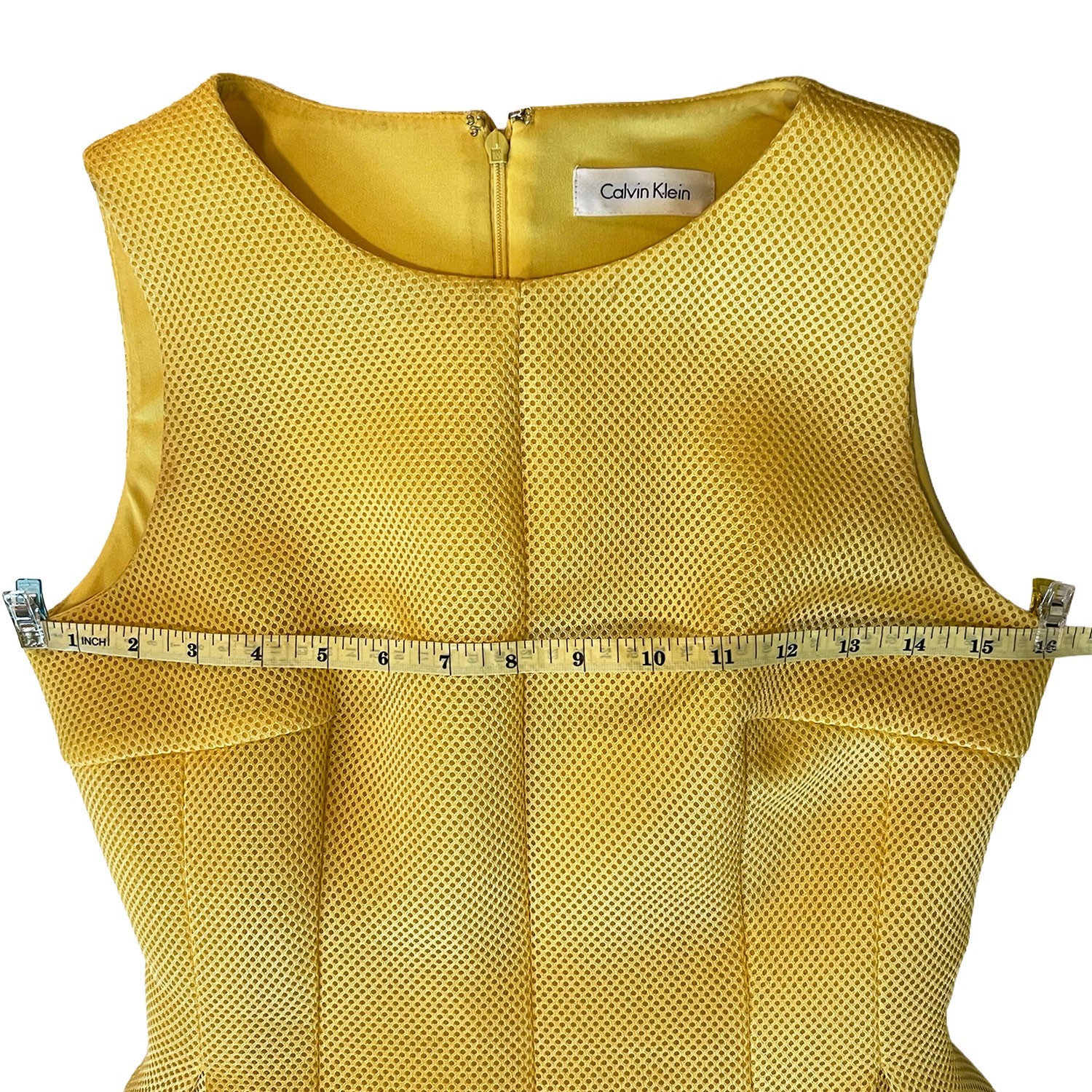 Calvin Klein Yellow Honeycomb Texture Sheath Pique Dress Sleeveless Pleated Sz S