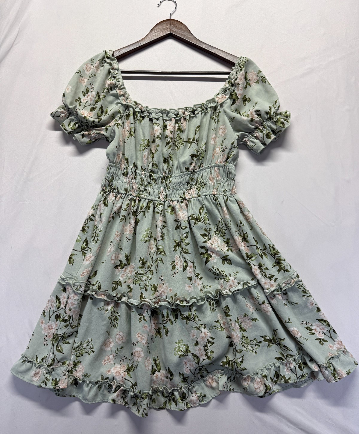 Inspired Hearts Fit & Flare Dress Womens L Light Green Floral Print Ruffle Hem