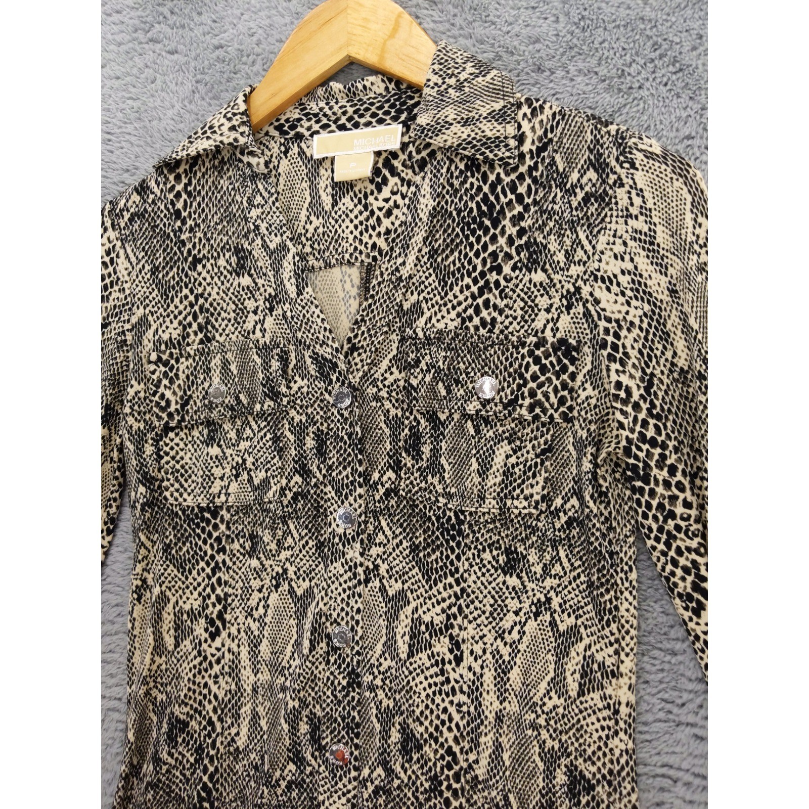 Michael Kors Snake Print Button Front Shirt Dress Long Sleeve Pockets Petite P