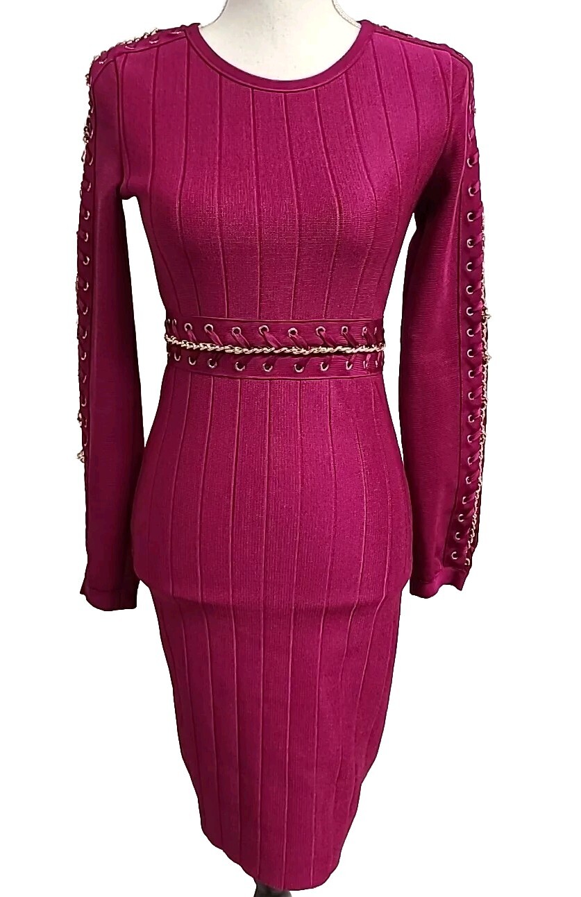 WOW Gold Label Magenta Pink Bandage Dress Gold Chain Lace Up Bodycon Midi Small