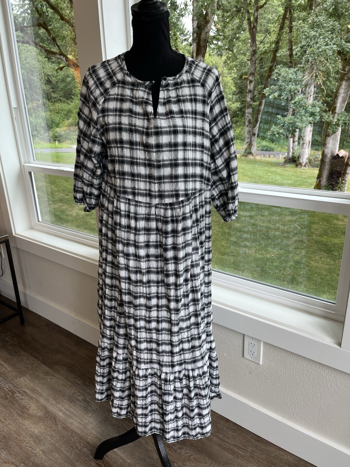 PRIMARK Check Textured Cotton Tiered ￼Dress Navy/Charcoal Gray/Black Sz 12 / L