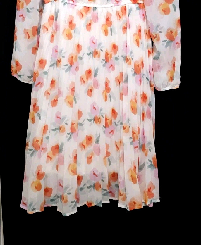 NEW Lark + Grey MEDIUM PLEATED Blouson Midi Dress Orange White Floral Tie Neck