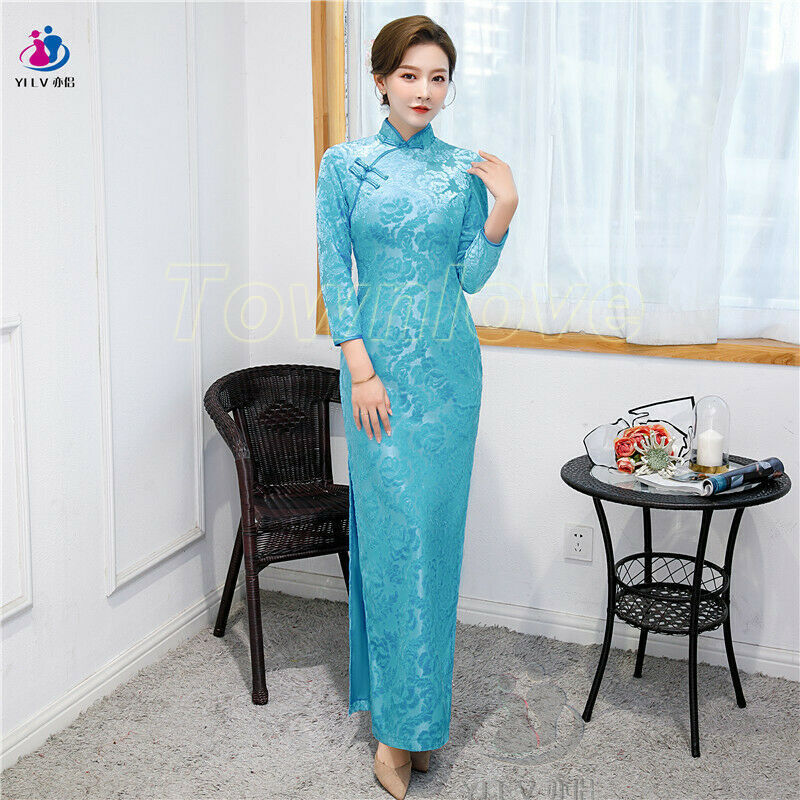 Chinese Traditional Long Cheongsam Women Velvet Dress Prom Qipao Size S To 5XL