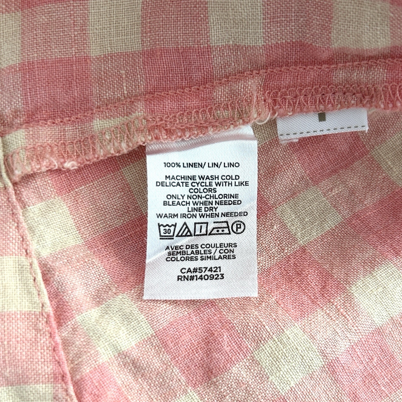 Lou & Grey Medium Pink Ivory Multi 100% Linen Gingham Button Front Dress NWOT