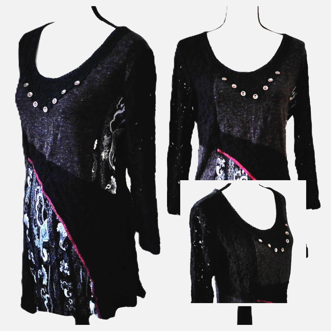 Adore sheer Black gray lace Dress Tunic M Grunge Whimsygoth Gothic Lagenlook Y2K