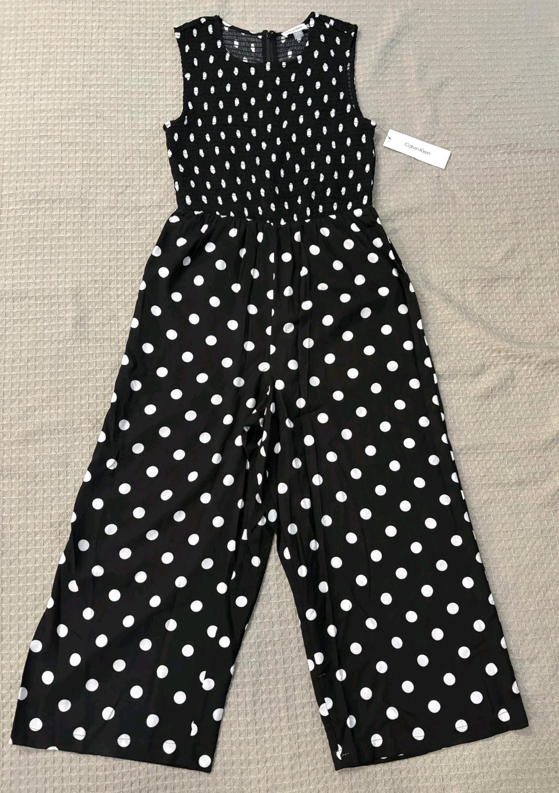 Calvin Klein Black White Polka Dot Jumpsuit Wide Leg Crop Sz 4 NWT