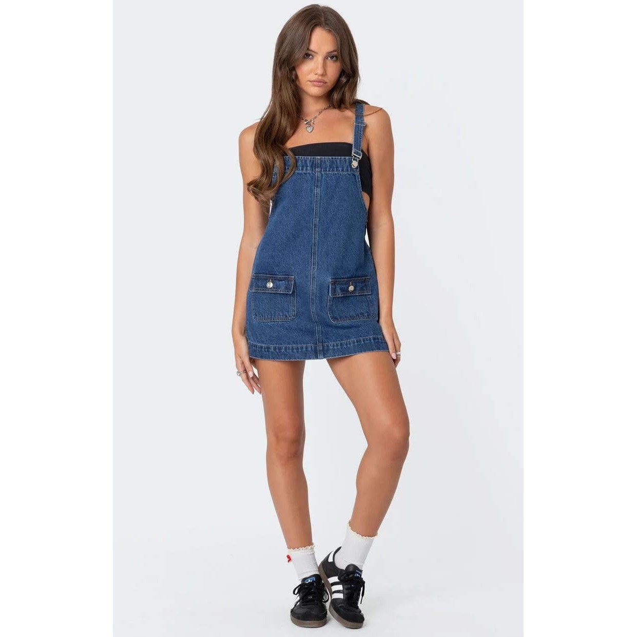 Edikted Denim Pinafore Overall Mini Dress Size Large Blue Side Zip Pocket Jumper