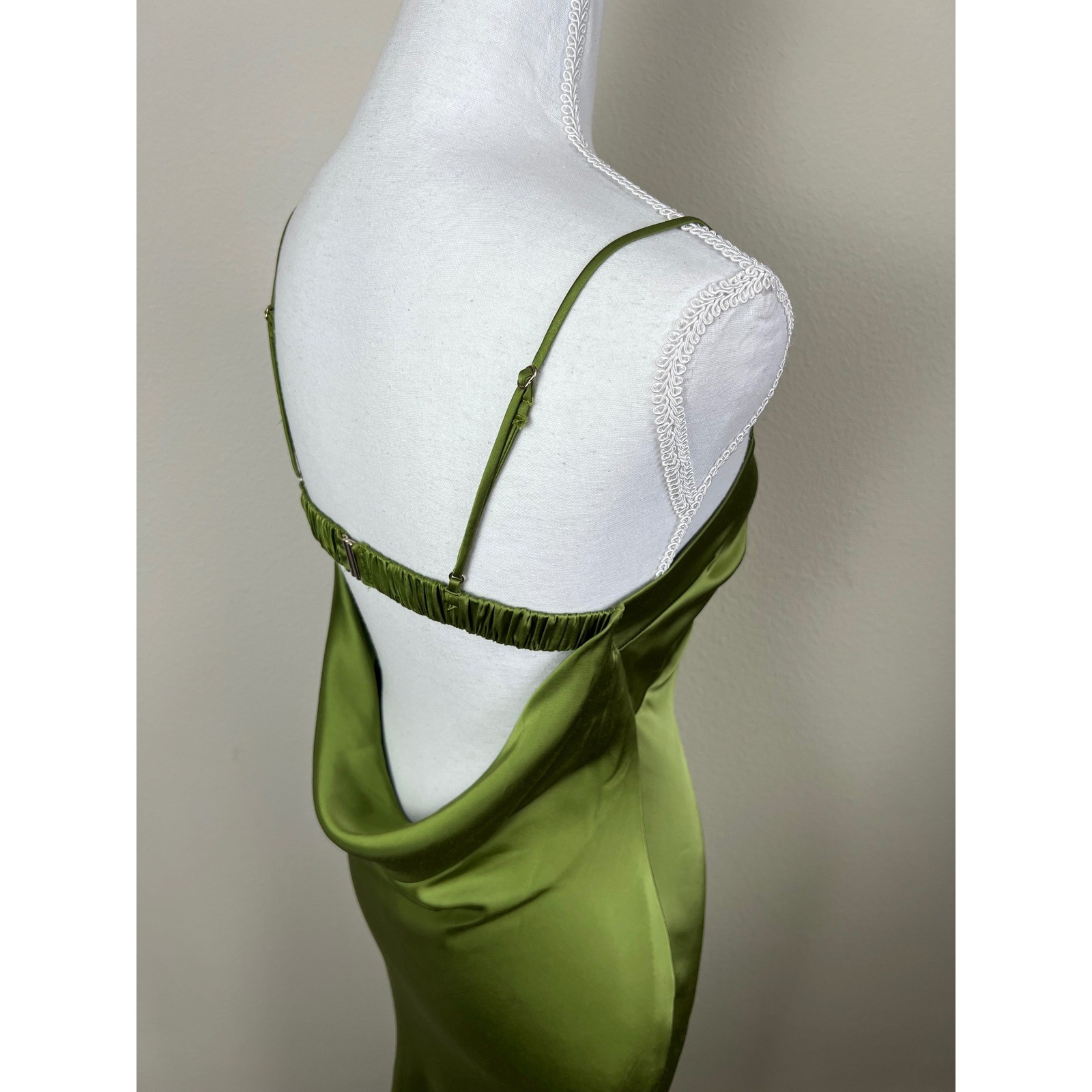 Abercrombie & Fitch Satin Slip Maxi Dress S Olive Open Cowl Back Wedding Guest
