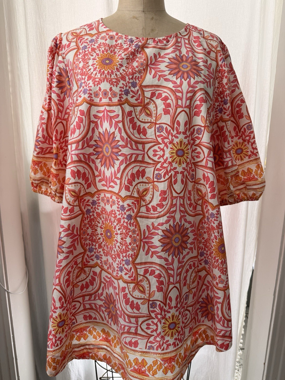 Olivaceous Floral Cotton Woven Shift Dress White Red Orange Purple Puff Sleeve M