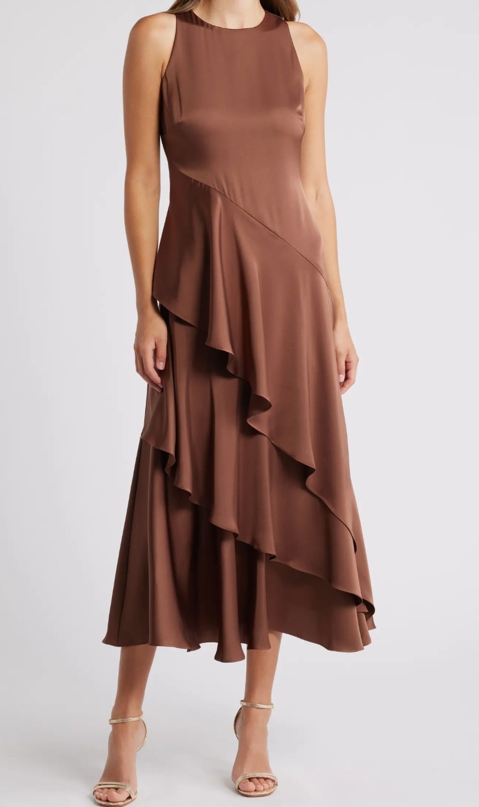 PARKER THE ANGIE BROWN UMBER LAYERED RUFFLE MAXI DRESS