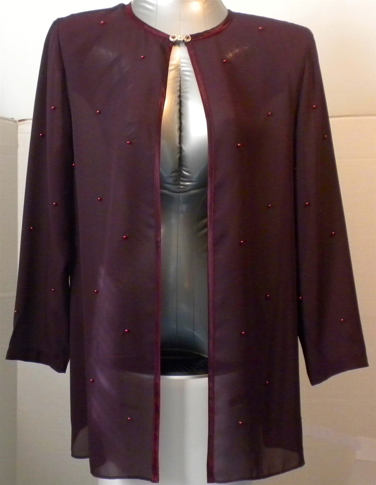 SEMI-SHEER PLUM PURPLE LONG SLEEVE BEADED JACKET DRESSY DRESS COVERUP M MEDIUM