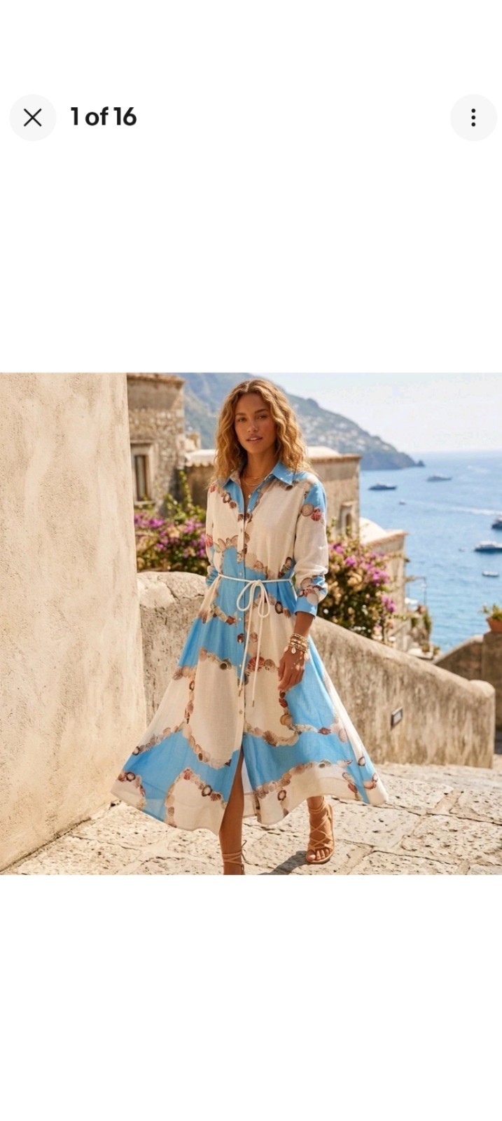 Caroline Constas S Blue/Seashells Print Long Sleeves Collared Buttoned up Maxi
