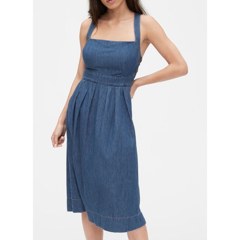 Gap Dress Womens 10 Tall Side Button Apron Denim Midi Cottagecore Boho Peasant