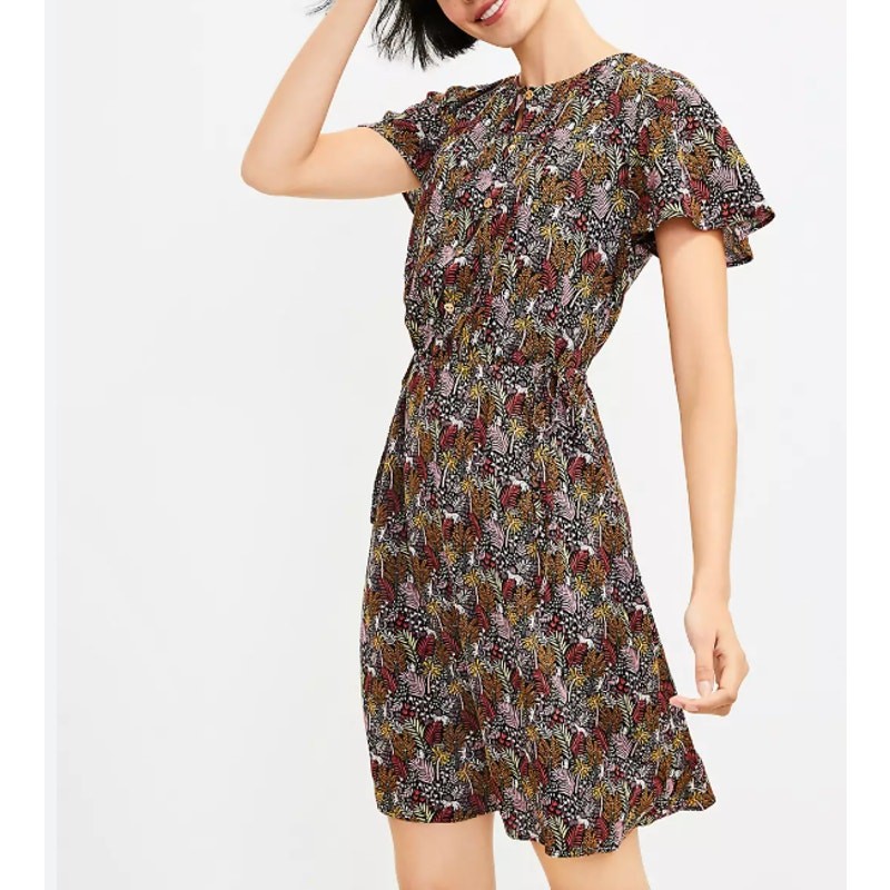 Loft Womens Paradise Lost Mini Dress Size M Jungle Animal Pintuck Pleat Black