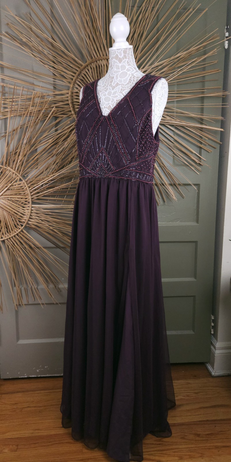 ASOS Eggplant Purple Tulle Maxi Dress Beaded Sequin Formal Evening Gown US 14