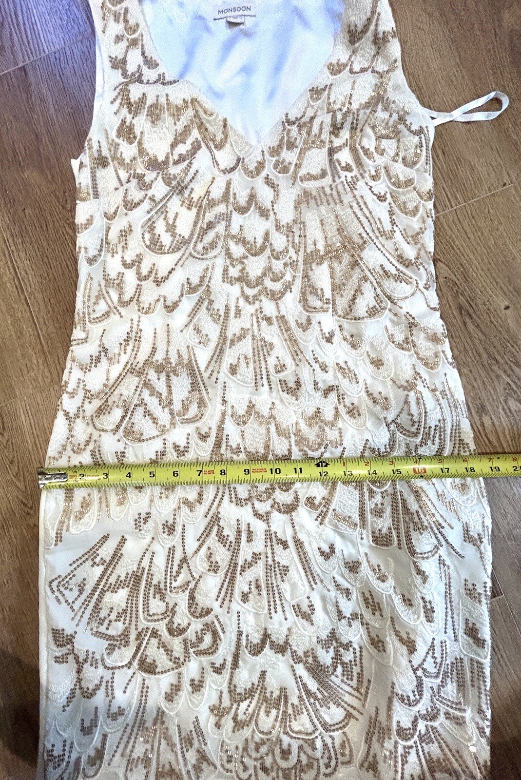 Monsoon UK Ivory Gold Cascading Sequins Shift Dress Size 4 Summer Cocktail Party