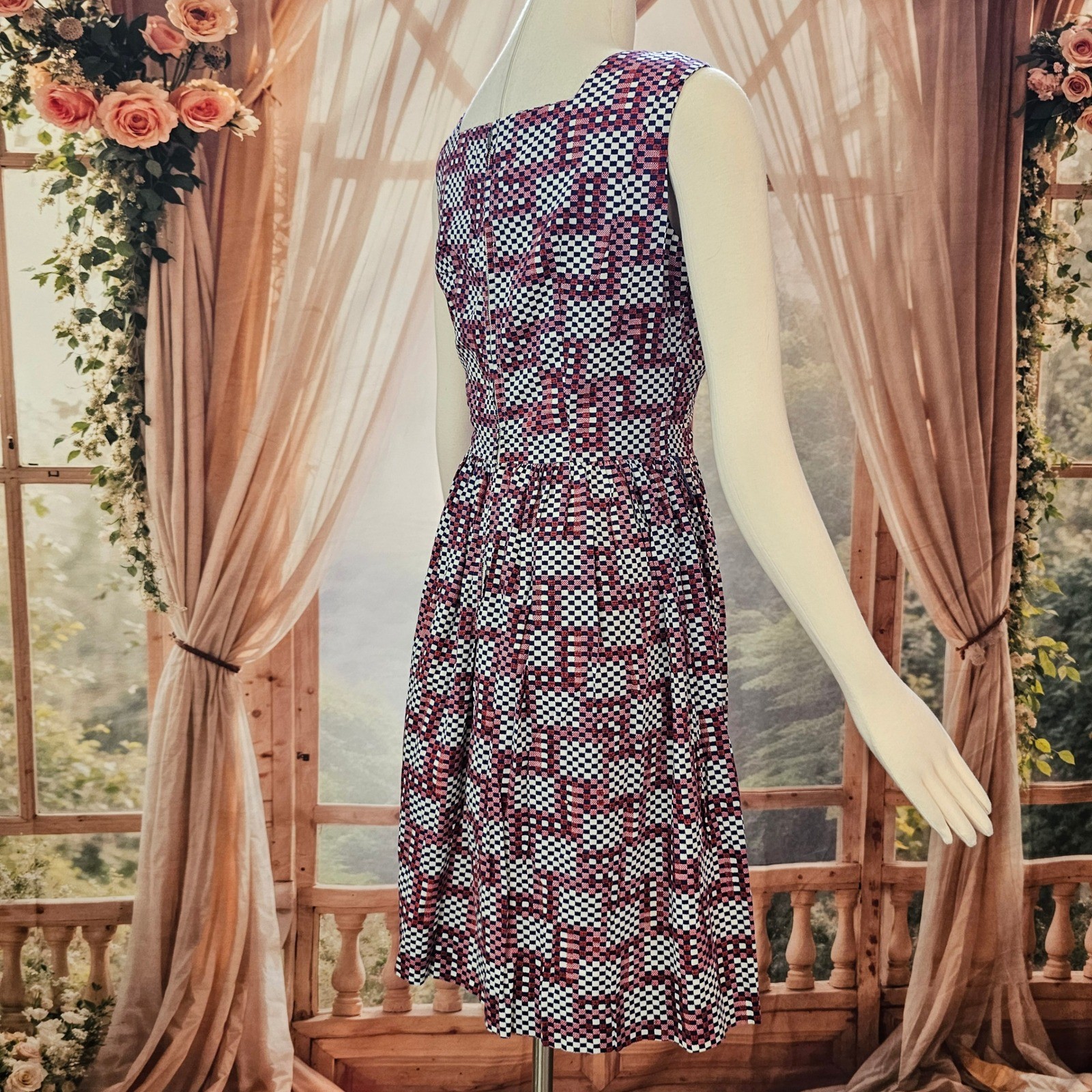 Vintage 1960’s Geometric Checkered Fit & Flare Dress Red White Navy Square Neck