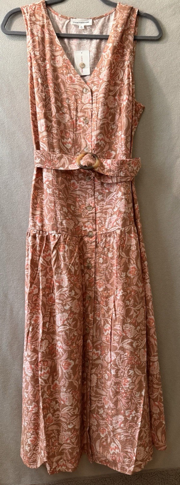 Lucky Brand XL NWT Mocha Floral Button Front Midi Dress Belted Side Pockets