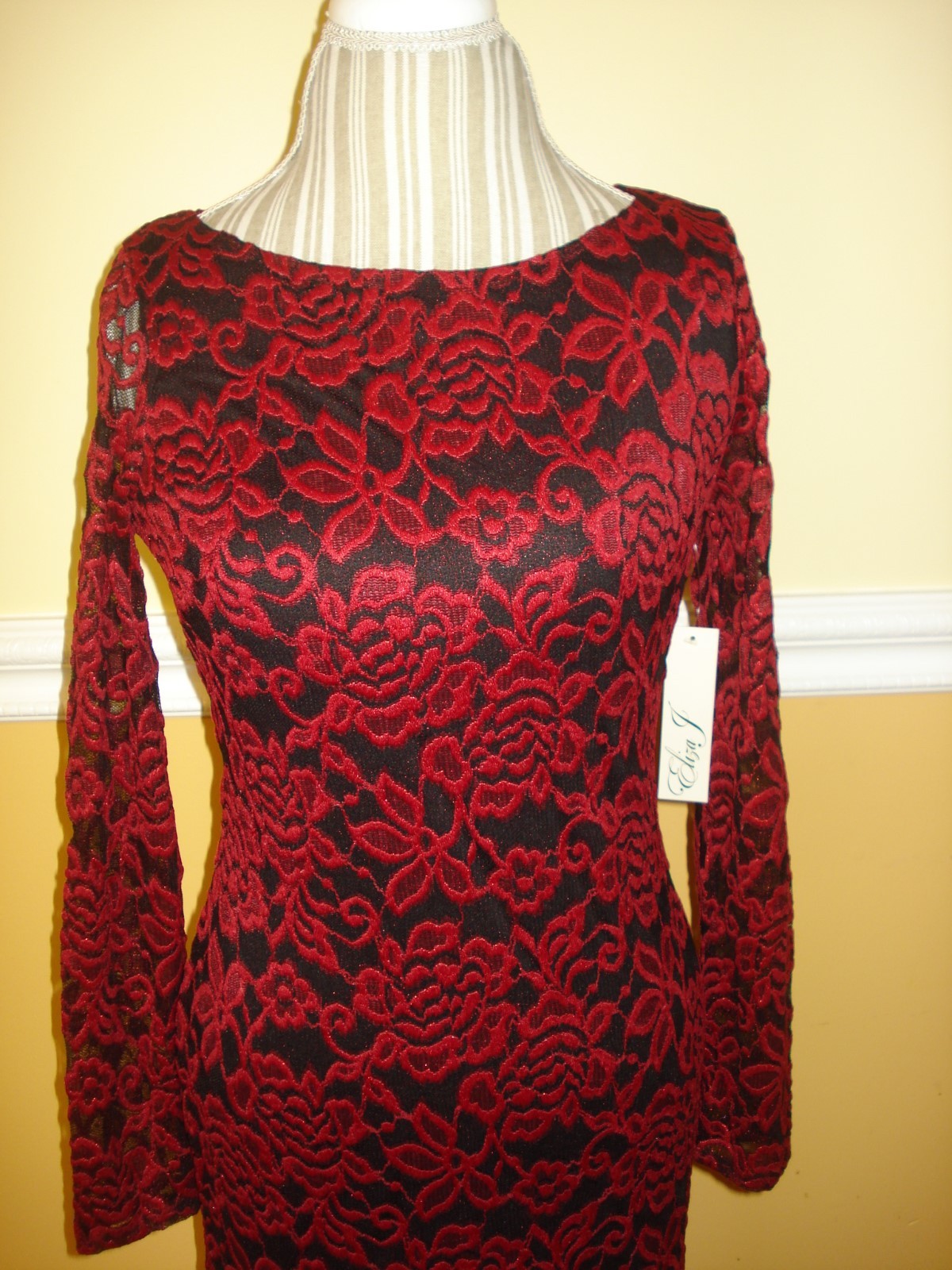 Eliza J Lace Long Sleeves Red/Black Cocktail Sheath Dress Sz 4,6,8,10,12,14,16