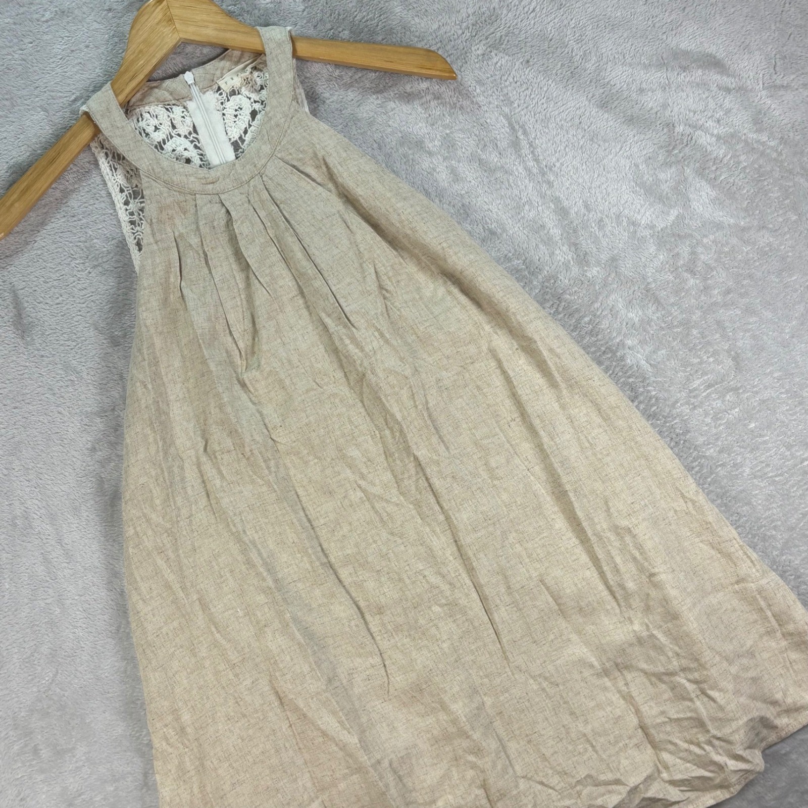 Promesa Women’s Beige Linen Blend Sleeveless A-Line Mini Dress Lace Back Sz S