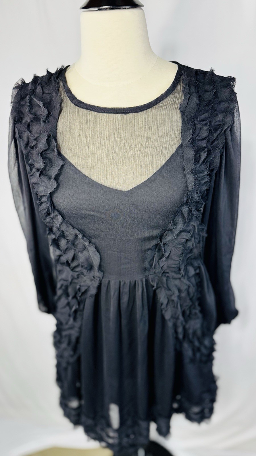O.P.T. Black Chiffon Ruffle Mini Dress Sheer Long Sleeve Size M Goth Cottagecore