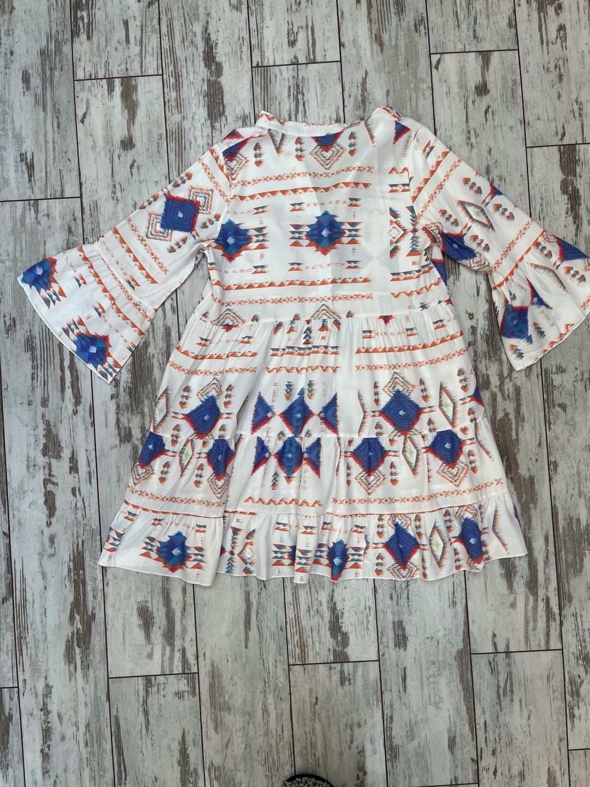 Boho Geometric Tribal Print Tiered Dress V-Neck Bell Sleeve Womens Medium NWOT