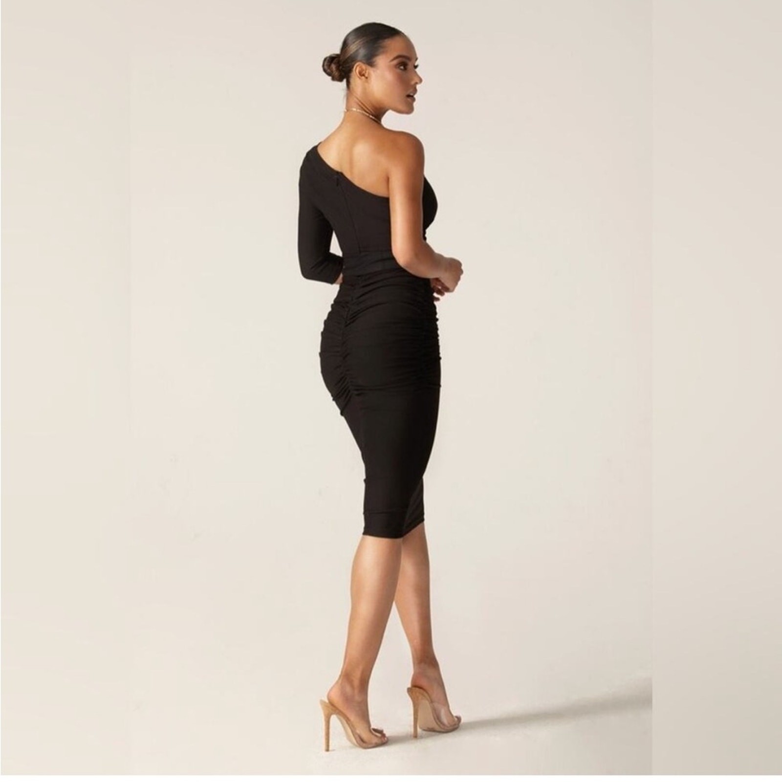 Alieva Black Bodycon Dolly Ruched One Shoulder Dress LBD